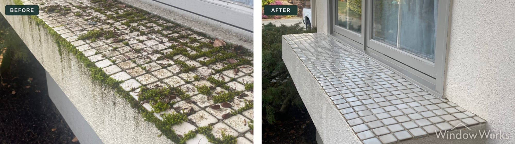 Before and after WindowWorks soft washing moss and weeds off a tiled exterior windowsill ledge, Eastside Seattle.