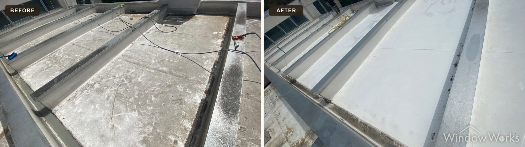 Before and after WindowWorks low-pressure washing a TPO membrane roof from grimy gray to clean white on the Eastside