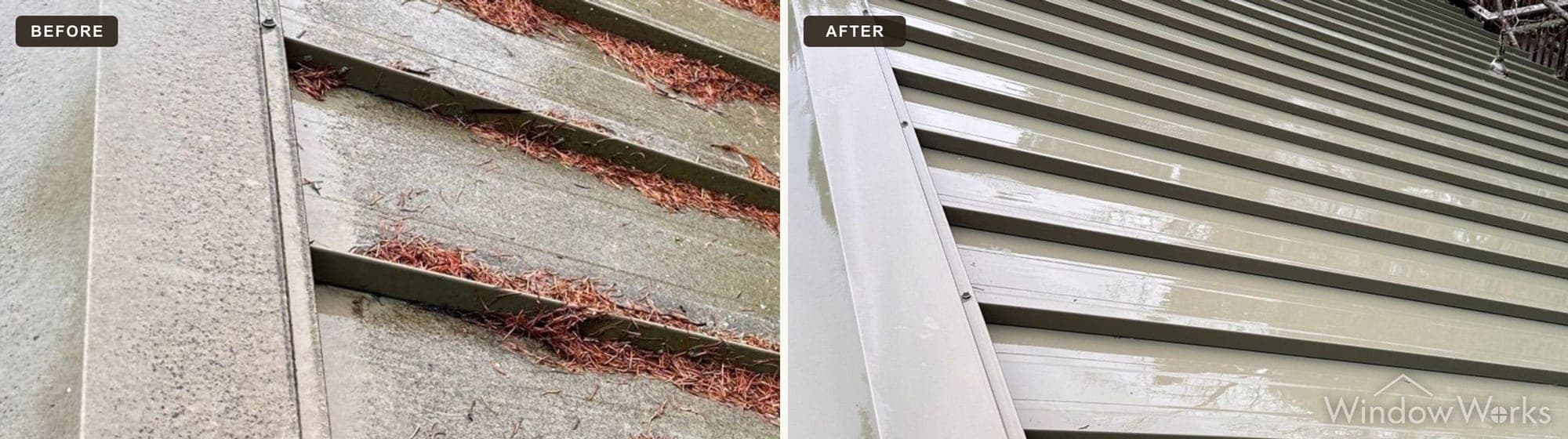 Before and after WindowWorks clearing packed pine needle windrows and grime from the flutes of an olive ribbed metal roof on the Eastside