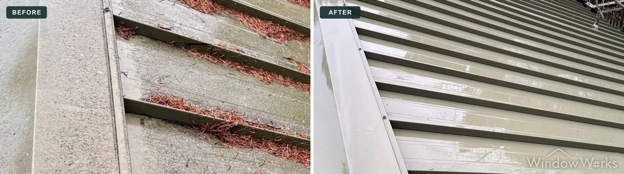 Before and after WindowWorks clearing packed pine needle windrows and grime from the flutes of an olive ribbed metal roof on the Eastside