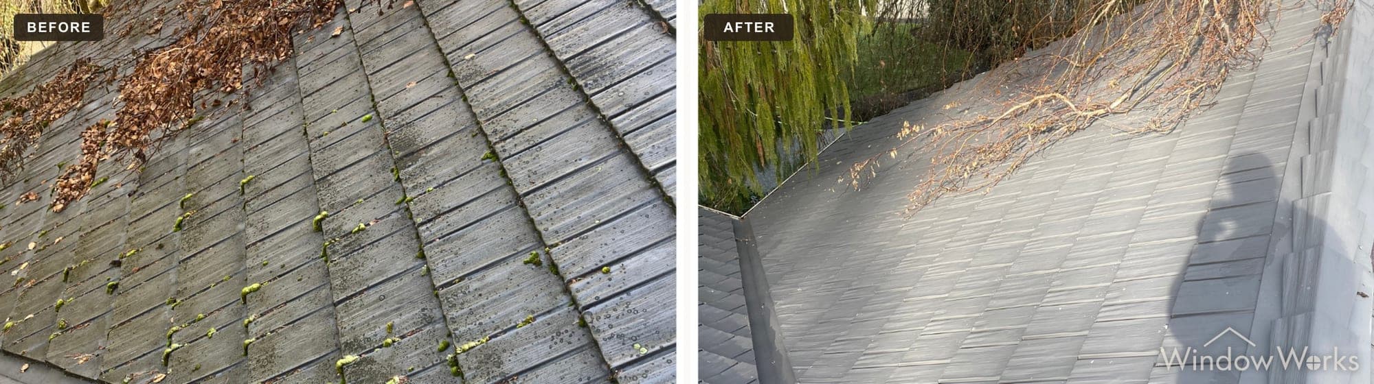 Before and after WindowWorks clearing moss and leaf debris from a stamped shake-profile metal tile roof on the Eastside