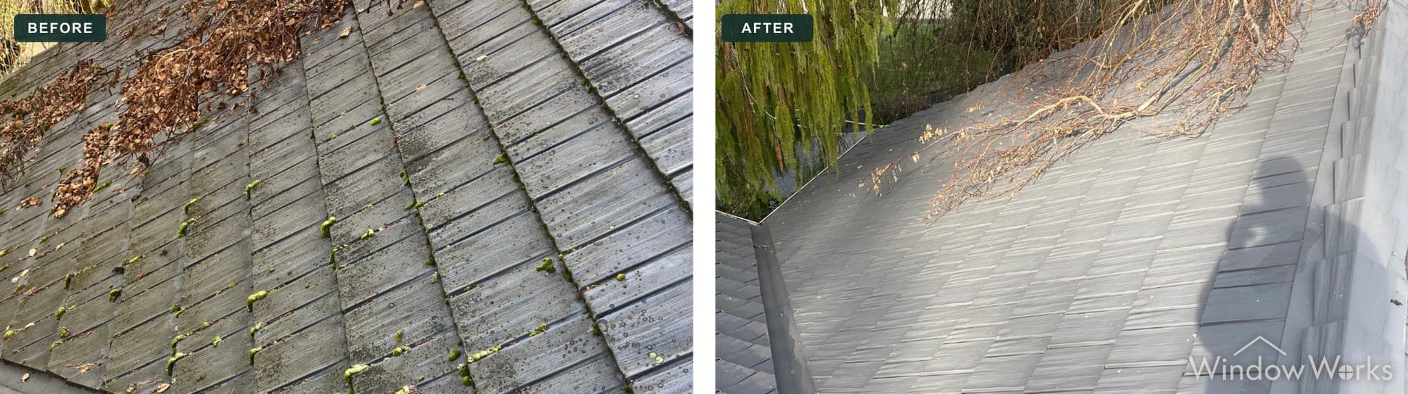 Before and after WindowWorks clearing moss and leaf debris from a stamped shake-profile metal tile roof on the Eastside