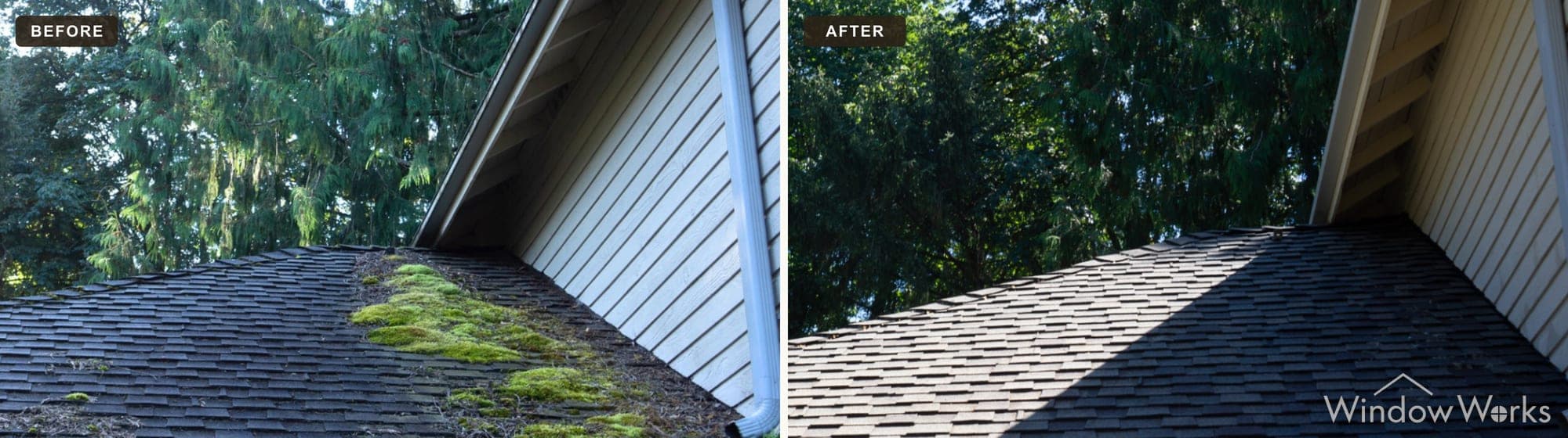 Before and after WindowWorks clearing a heavy moss streak from an asphalt roof valley beside a brick entry on the Eastside