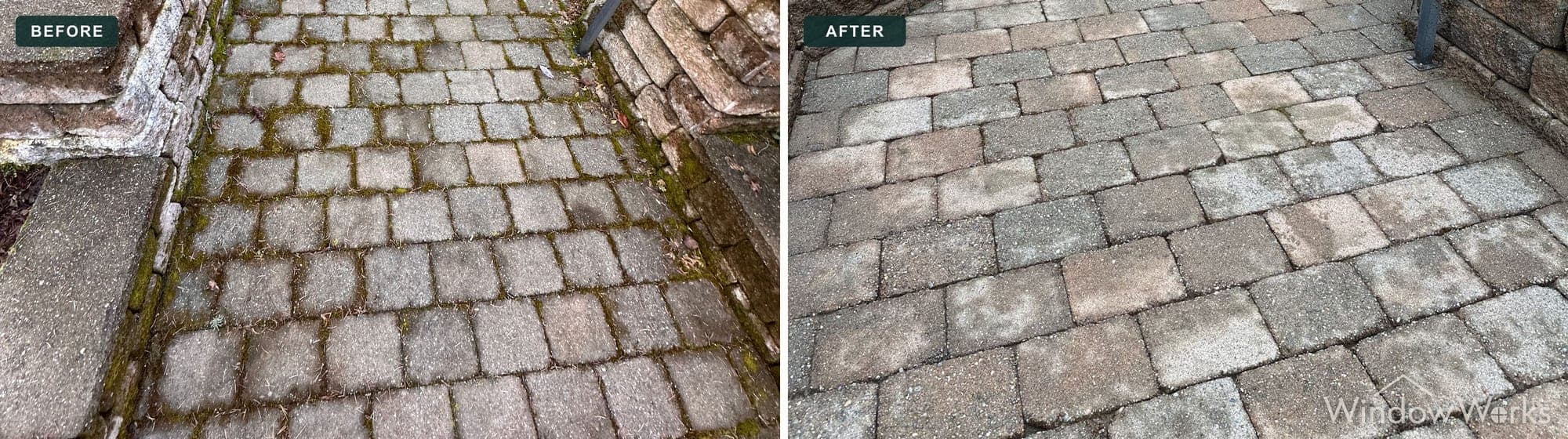Before and after WindowWorks deep cleaning the moss-filled joints of a paver landing below block steps on the Eastside