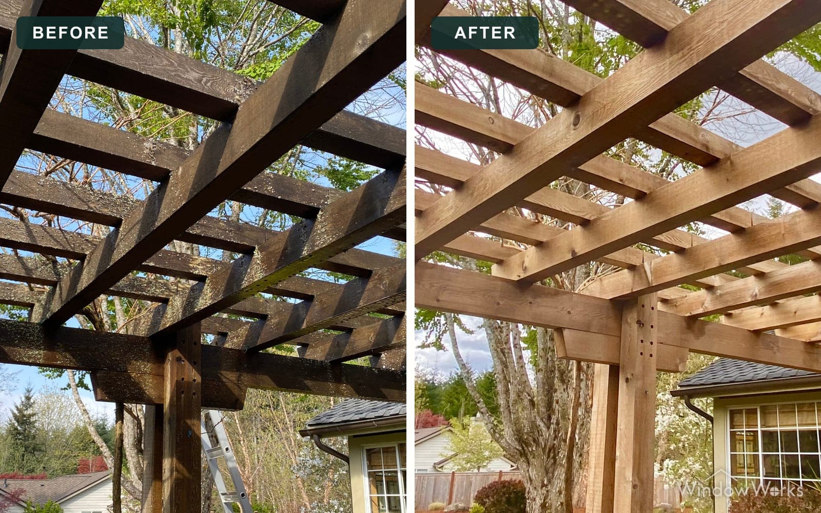 Before and after WindowWorks stripping a near-black buildup of old finish off the underside of a backyard pergola, back to warm cedar