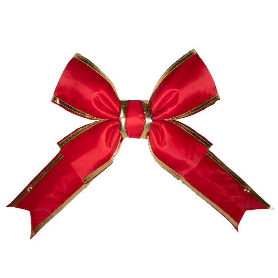 An oversized red velvet bow with gold trim.