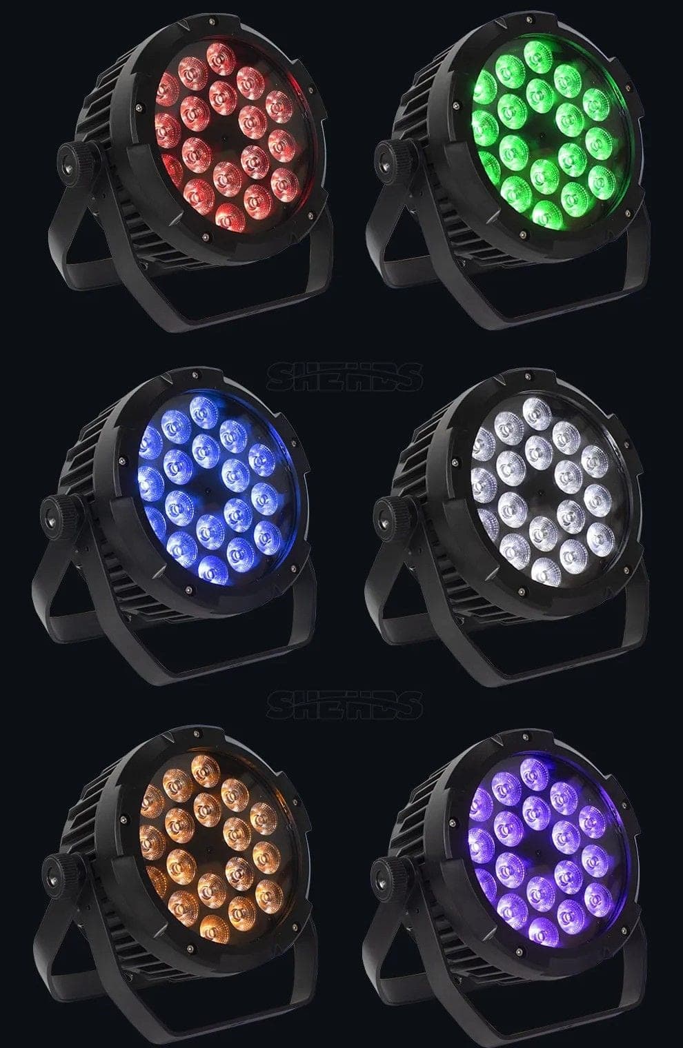 Six LED flood fixtures lit red, green, blue, purple, amber and white.
