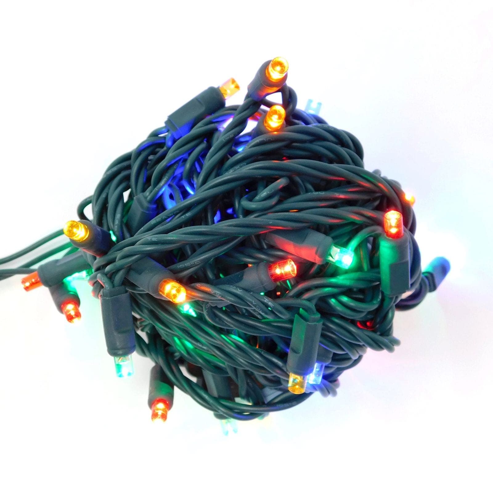 A coil of multicolor mini lights on green wire.