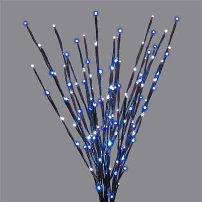 A bundle of lit twig branches with blue and white LED tips.