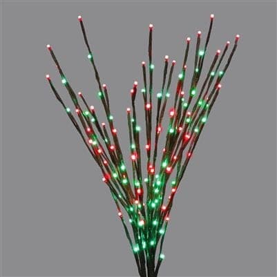 A bundle of lit twig branches with red and green LED tips.