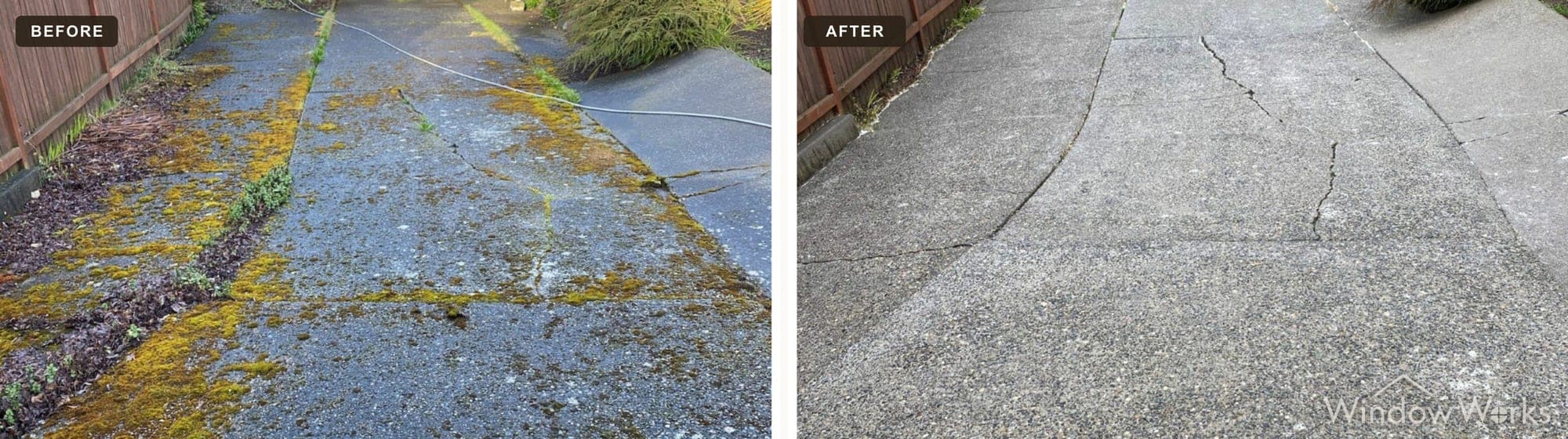 Before and after WindowWorks pressure washing a moss-stained concrete driveway, Eastside Seattle.