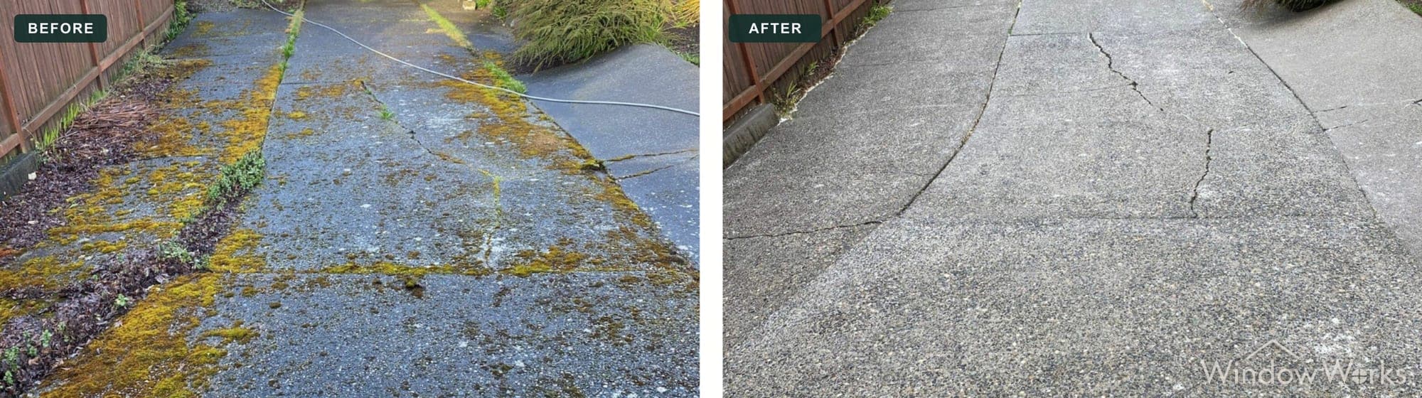 Before and after WindowWorks pressure washing a moss-stained concrete driveway, Eastside Seattle.
