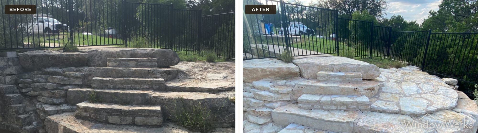 Before and after WindowWorks soft washing a weathered flagstone patio and stone steps, Eastside Seattle.