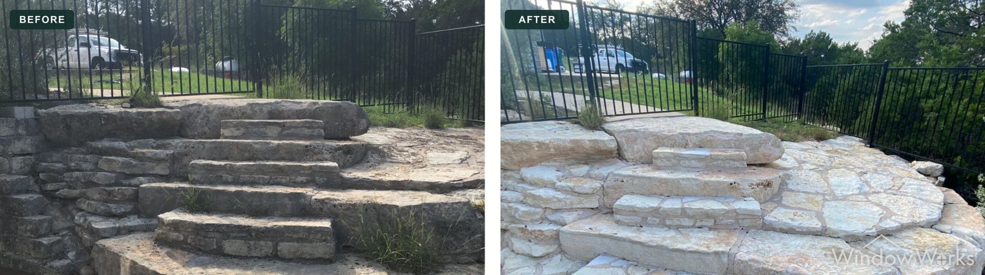 Before and after WindowWorks soft washing a weathered flagstone patio and stone steps, Eastside Seattle.
