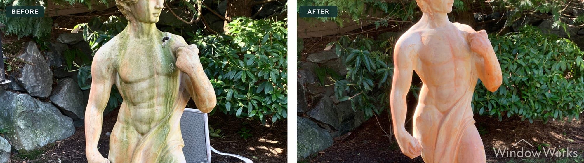 Before and after WindowWorks soft washing a moss-covered classical garden statue, Eastside Seattle.