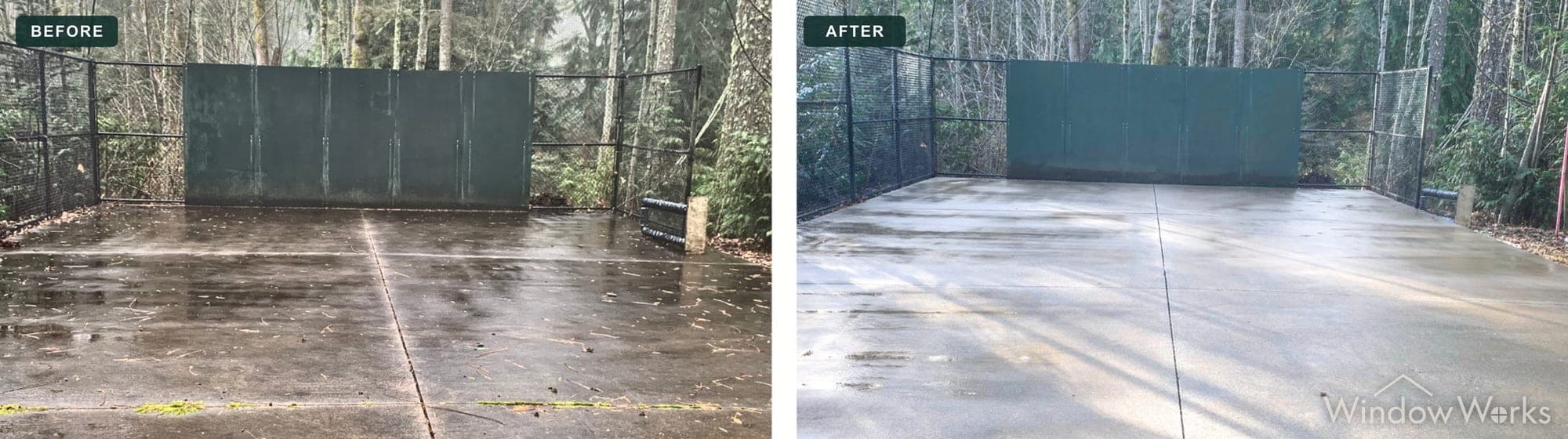 Before and after WindowWorks pressure washing a wet concrete sport court slab, Eastside Seattle.