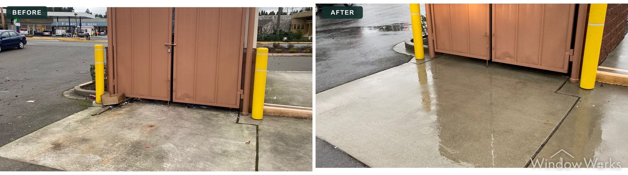 Before and after WindowWorks pressure washing a commercial dumpster-enclosure concrete pad, Eastside Seattle.