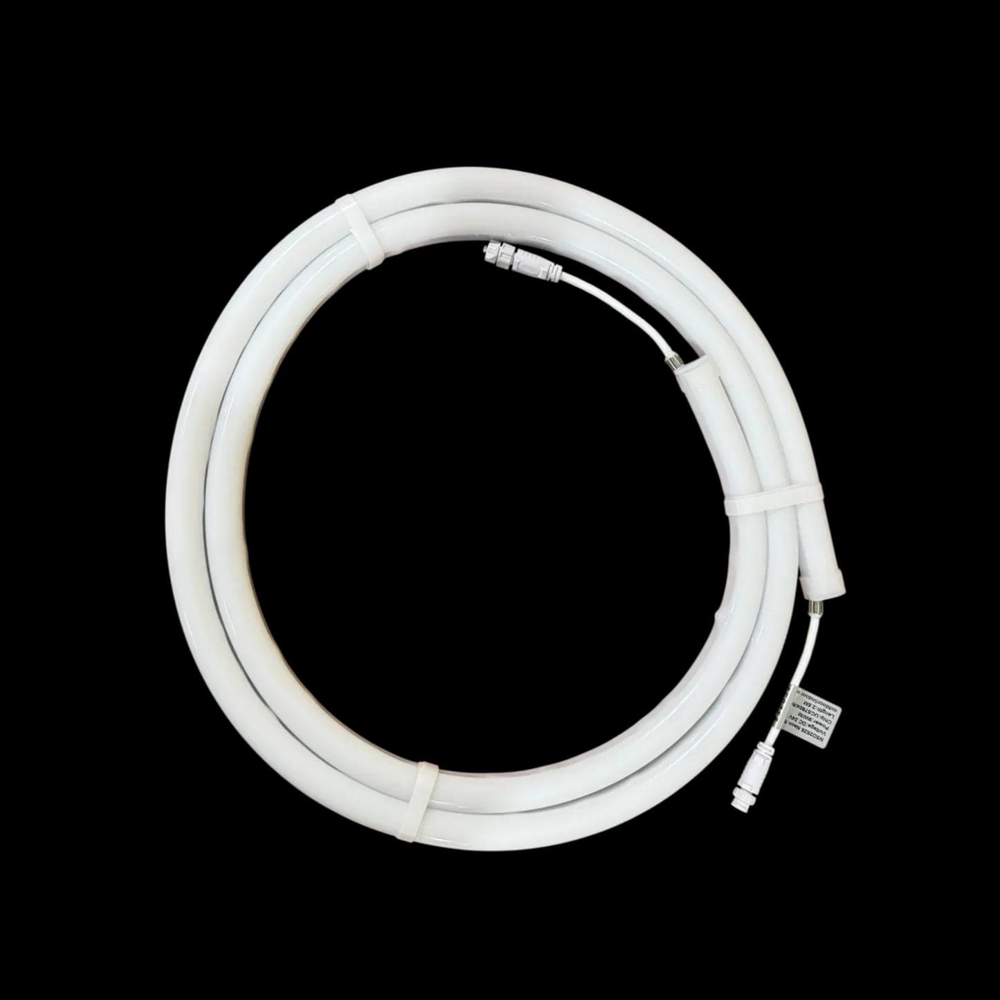 A coil of white RGB neon flex tubing with its connector lead.