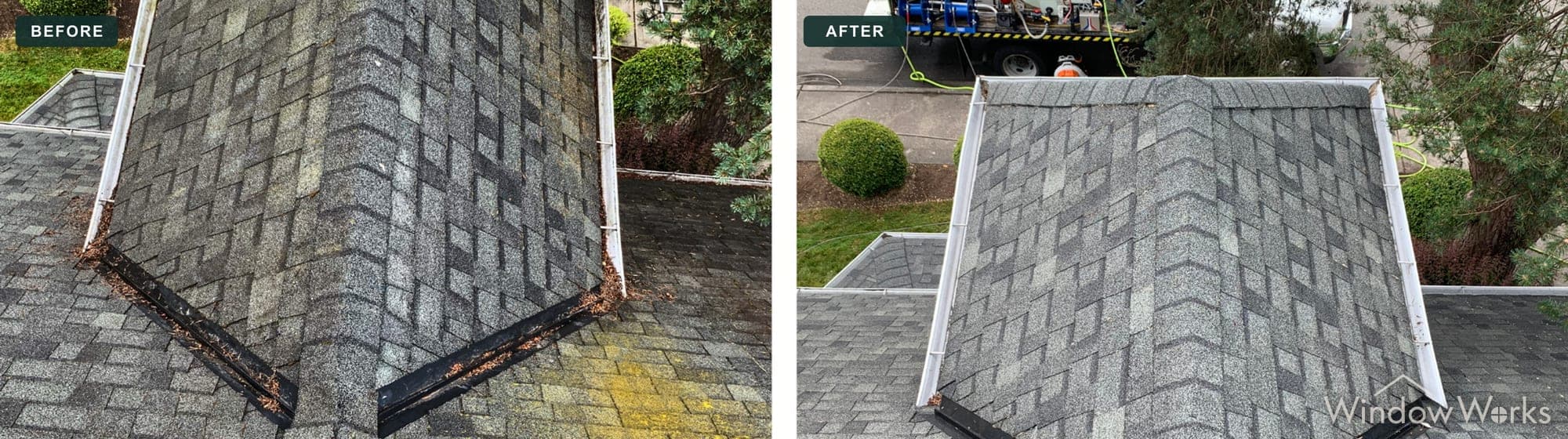 Before and after soft washing a moss, algae, and lichen stained asphalt shingle roof dormer, Eastside Seattle.