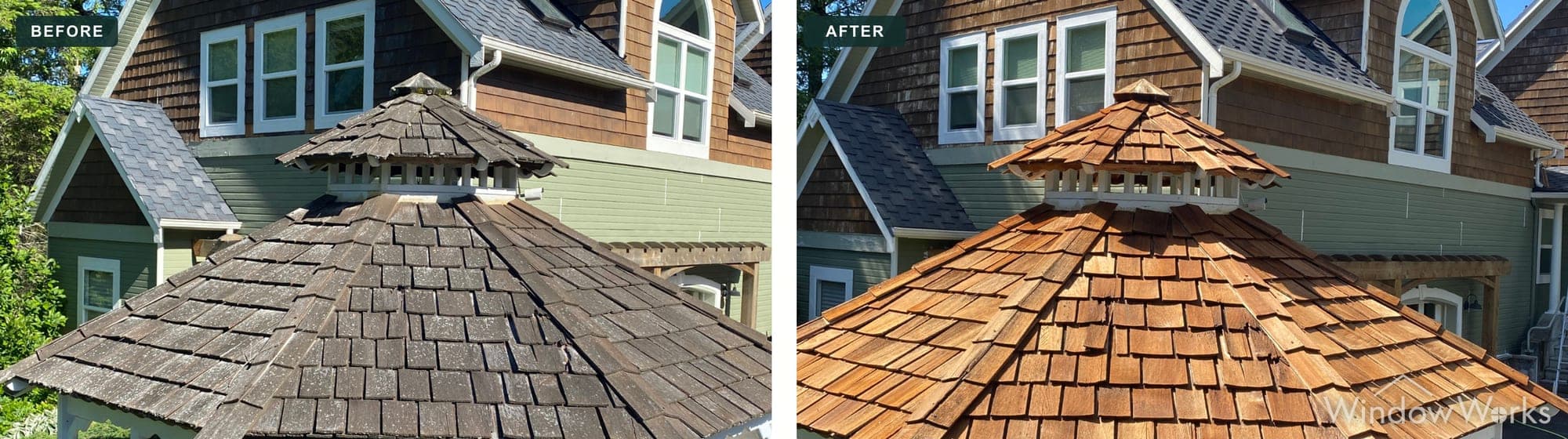 A weathered gray cedar shake gazebo roof restored to fresh golden wood by gentle cleaning, Eastside Seattle.