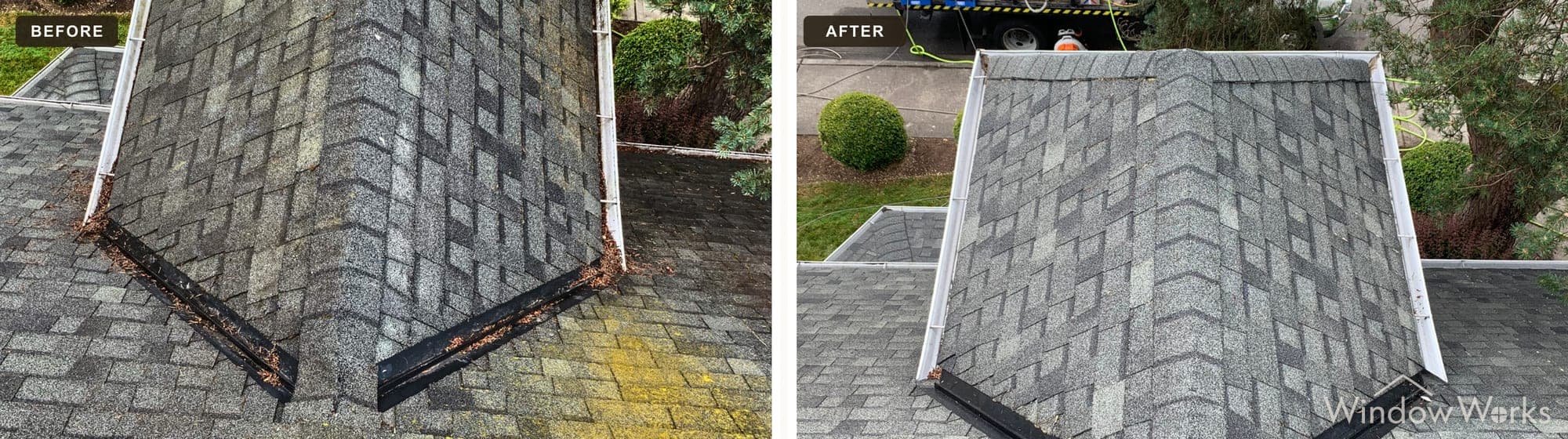 A mossy, stained dormer asphalt roof cleaned with soft washing, Eastside Seattle.