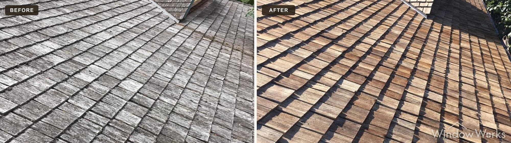 A gray weathered cedar shake roof restored to warm golden wood by gentle cleaning, Eastside Seattle.