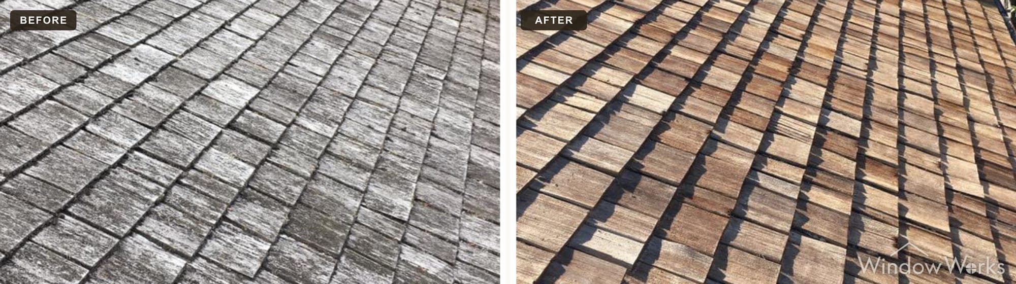 A gray weathered cedar shake roof restored to natural wood tone by gentle cleaning, Eastside Seattle.