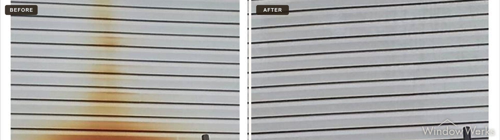 Before and after WindowWorks removing a rust stain with acid-based chemistry on the Eastside