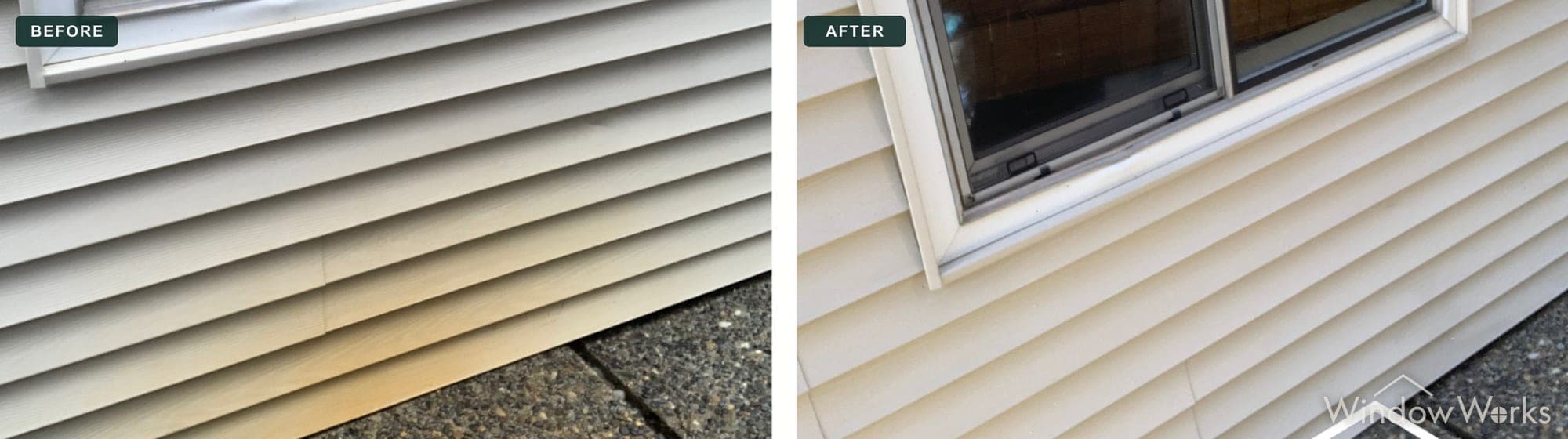 Dirty, rust-tinged window trim and cream vinyl siding are washed back to a clean cream finish, Eastside Seattle.