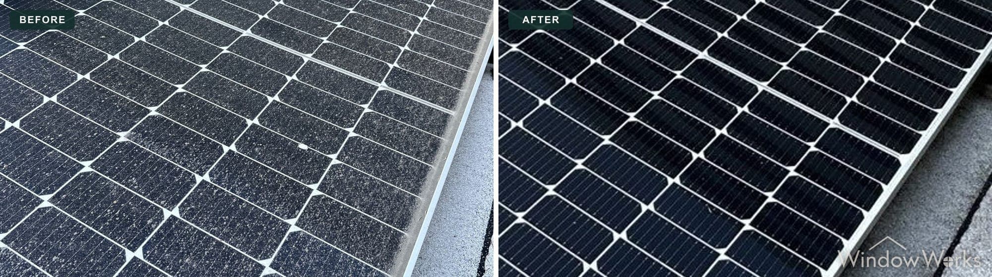 Before and after WindowWorks cleaning pollen and grime off residential solar panels, Eastside Seattle.