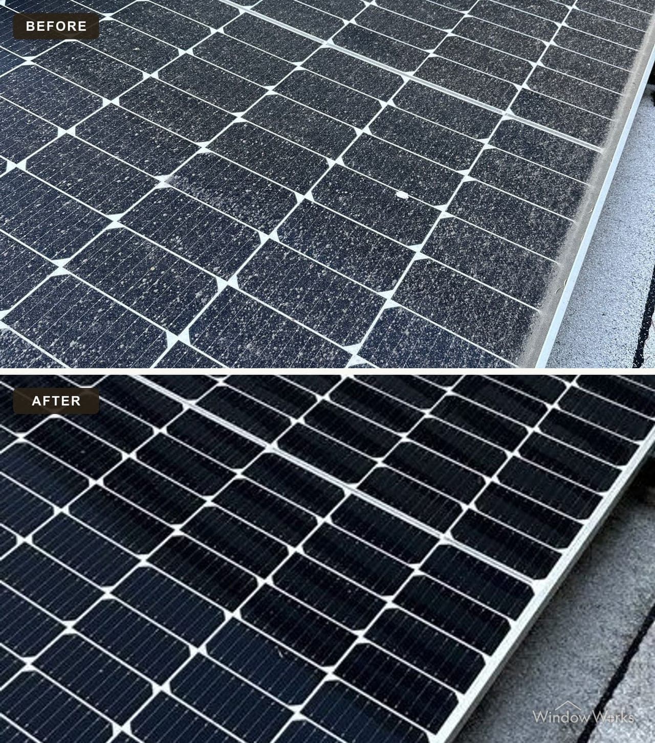 Before and after WindowWorks cleaning pollen and grime off residential solar panels on the Eastside