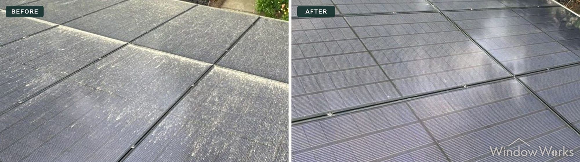 Before and after WindowWorks brushing a pollen-dusted rooftop solar array back to clean glass on the Eastside