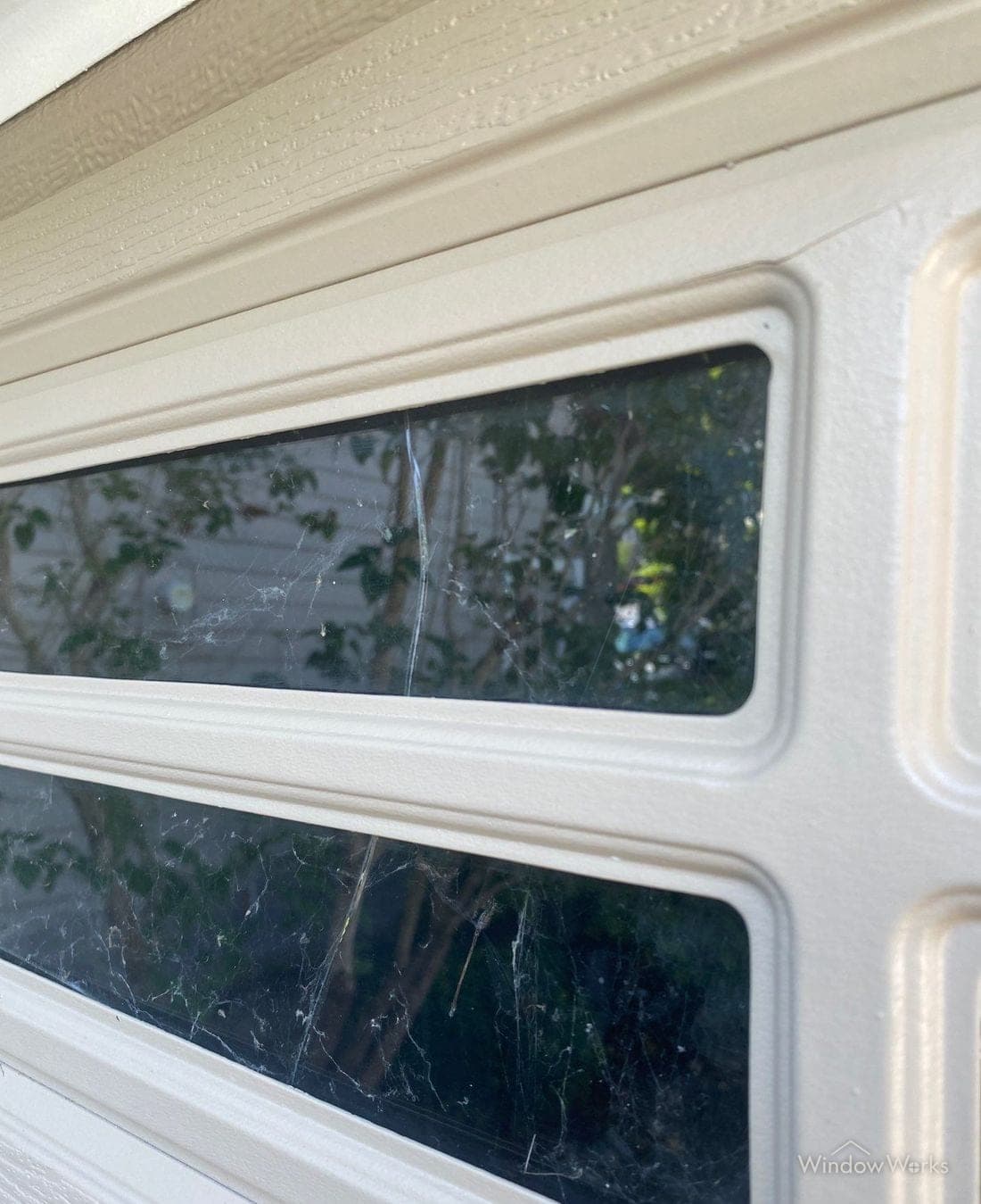 Spider webs strung thickly across the small windows of a garage door.