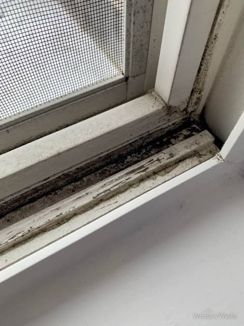 A window track packed with black grime and compacted debris.