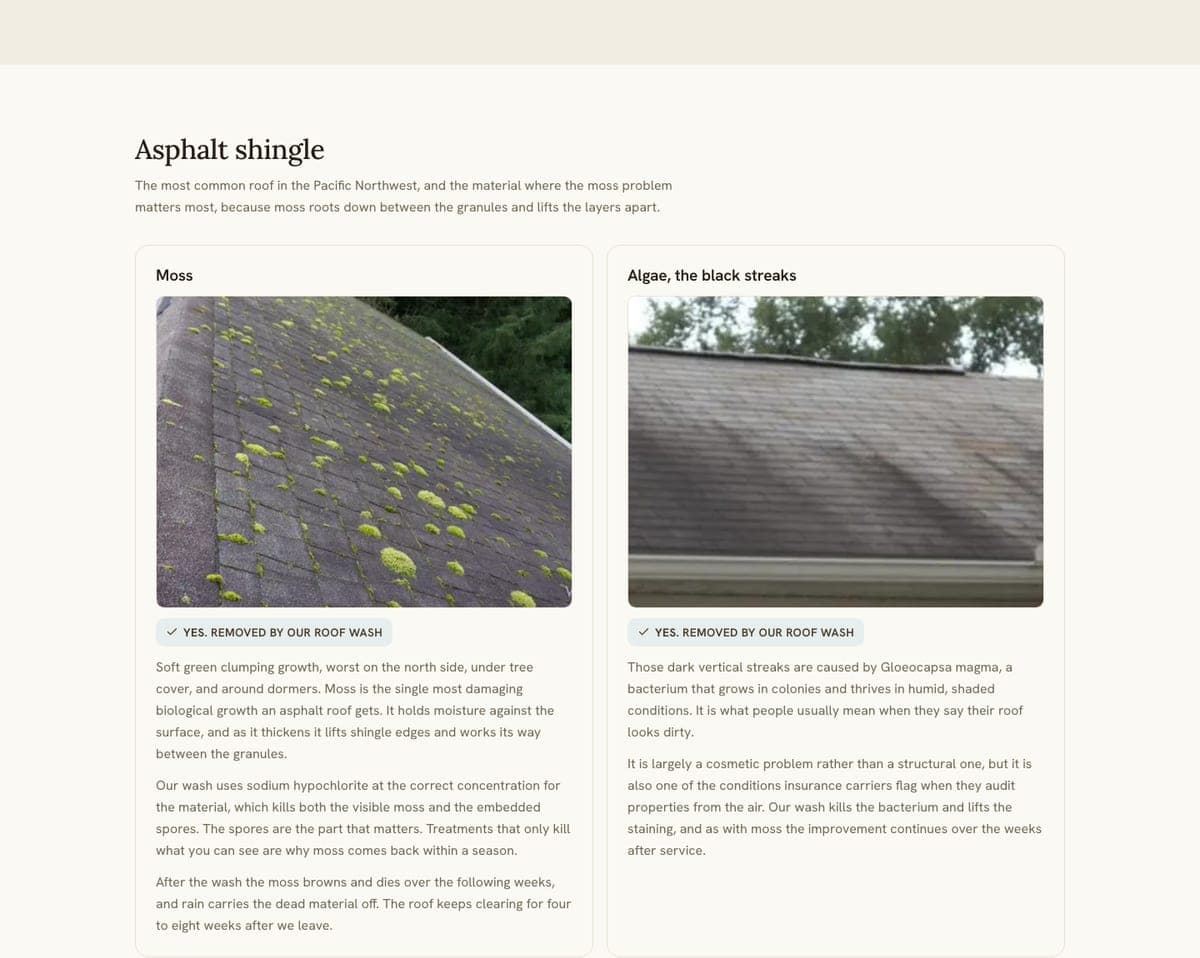A preview of the What's On My Roof diagnostic sheet, showing the moss and algae entries with photos and removal verdicts