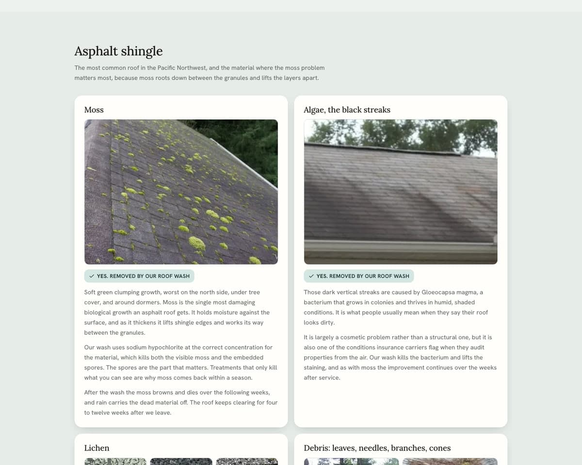A preview of the What's On My Roof diagnostic sheet, showing the moss and algae entries with photos and removal verdicts