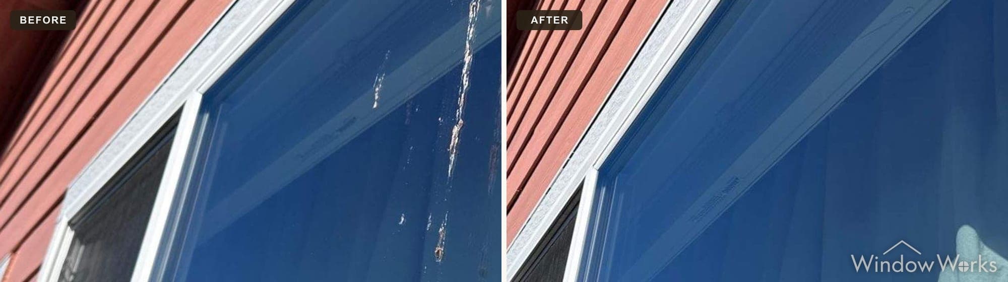 Before and after WindowWorks clearing sap and mineral runs from a picture window on the Eastside