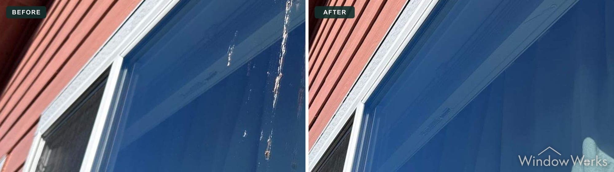 Before and after WindowWorks clearing sap and mineral runs from a picture window, Eastside Seattle.