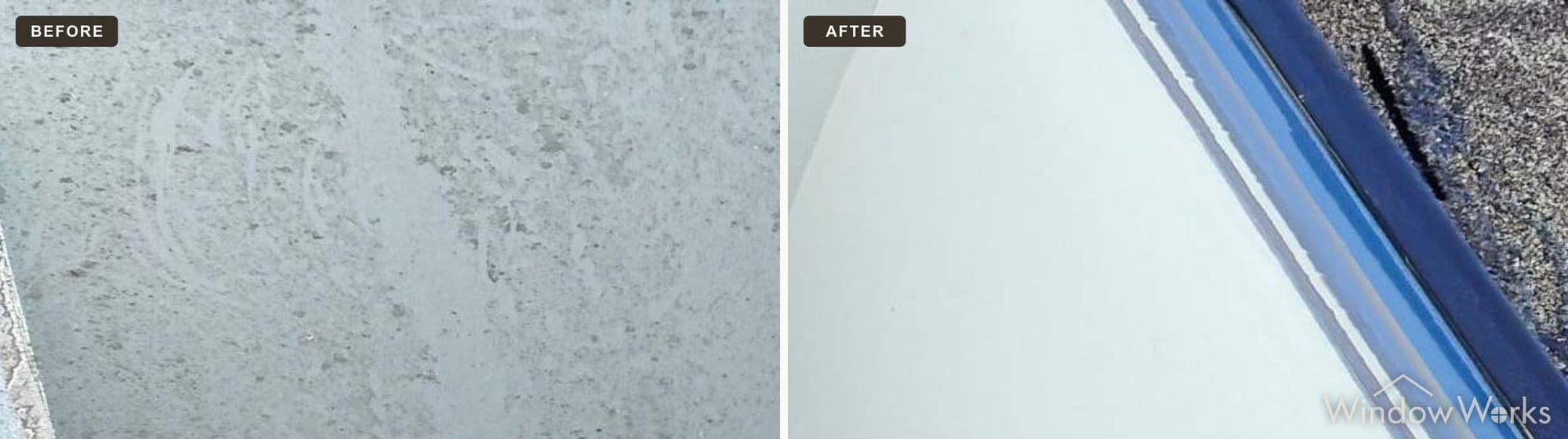 Before and after WindowWorks cleaning a grimy skylight back to clear glass on the Eastside