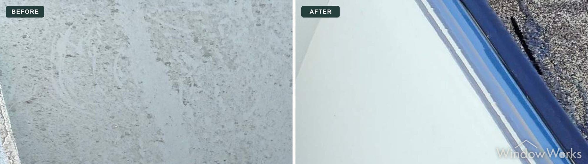 Before and after WindowWorks cleaning a grimy skylight back to clear glass, Eastside Seattle.