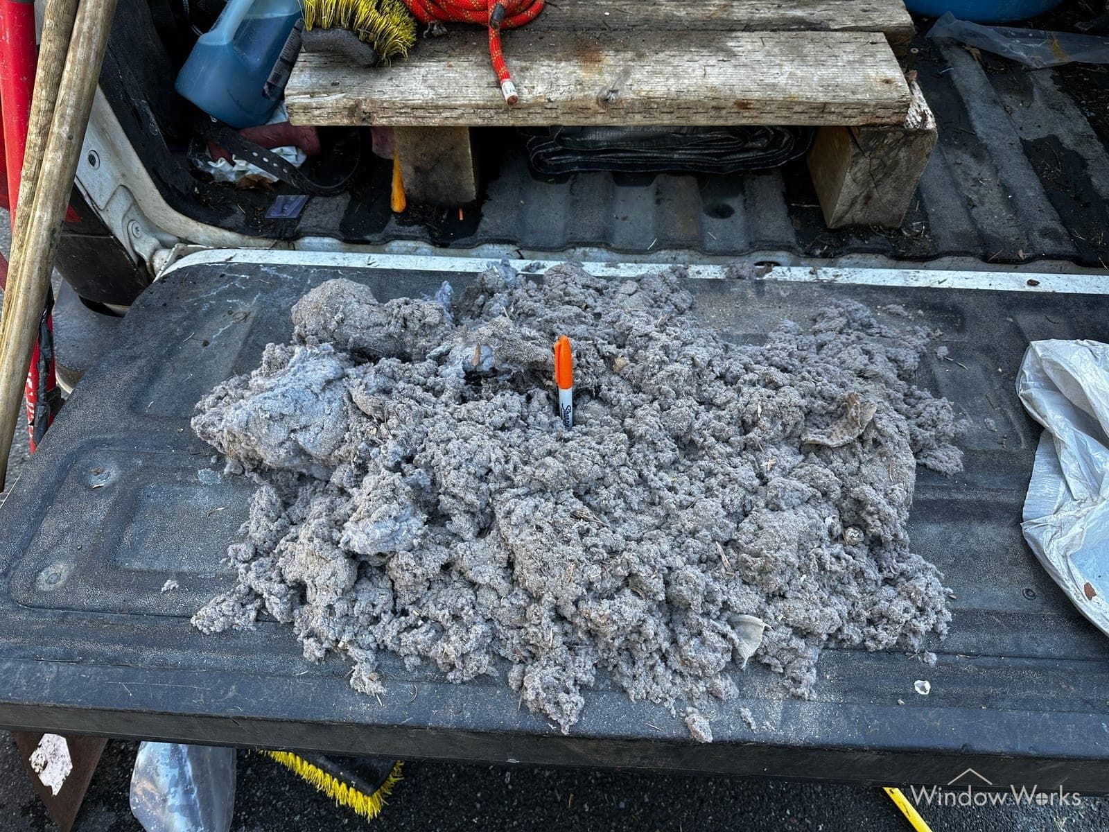 A large pile of gray lint removed from a single dryer vent, in a truck bed with a marker for scale, on an Eastside Seattle job