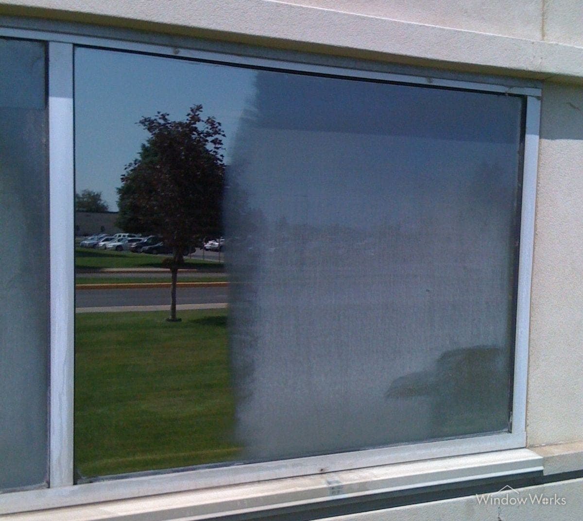 A window half treated for hard water: the cleared half shows the view through, the untreated half still hazed with bonded mineral