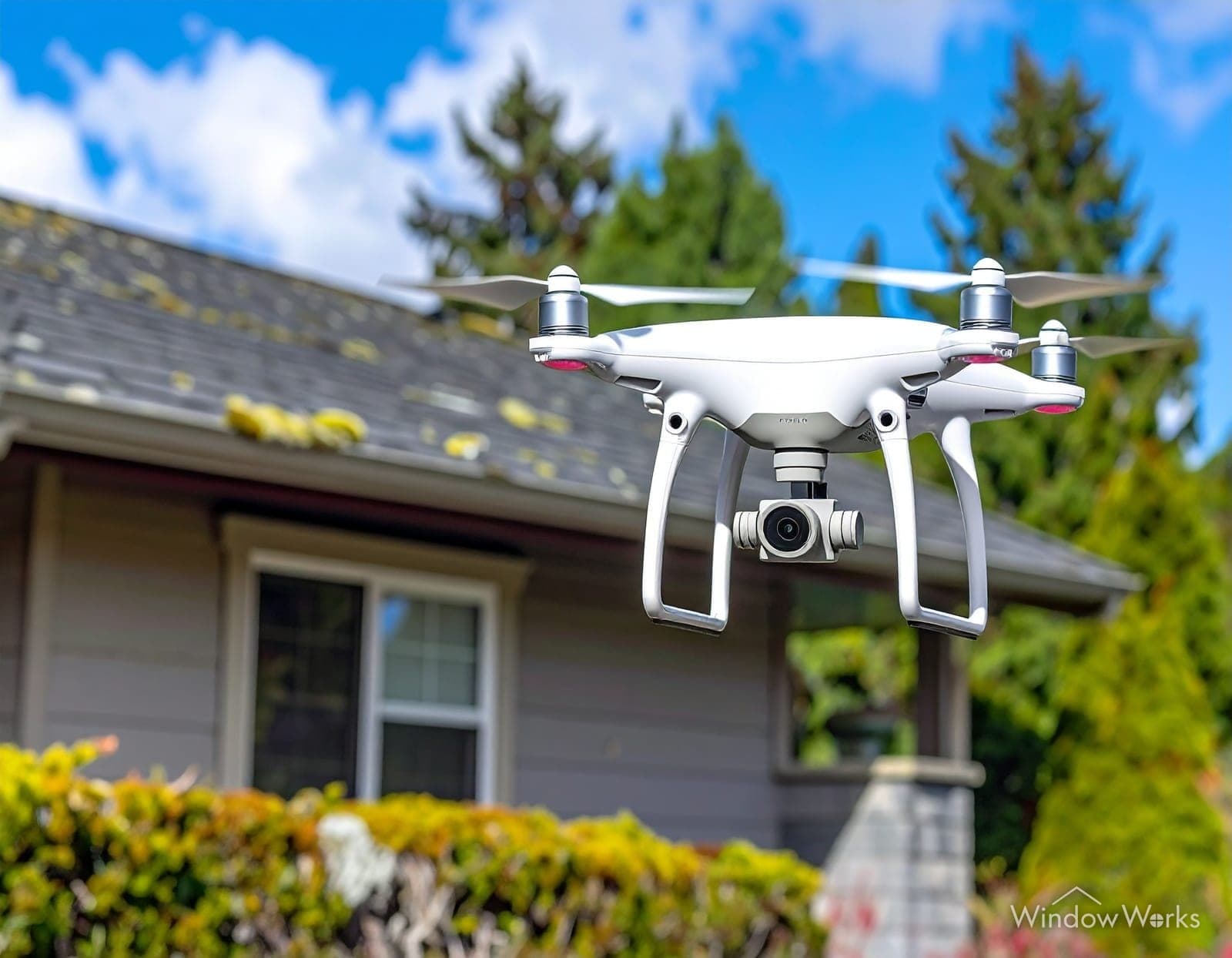 An inspection drone hovering in front of a suburban home with a moss-spotted roof, the way many insurers now monitor property condition from the air