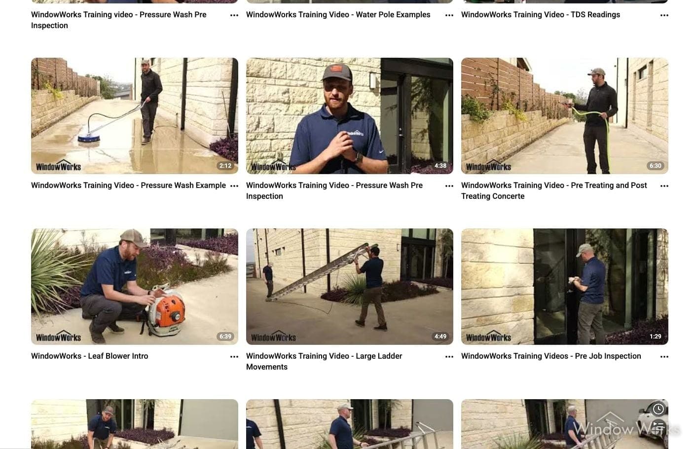 A screenshot of the WindowWorks internal training video library, with dozens of technique and safety training videos