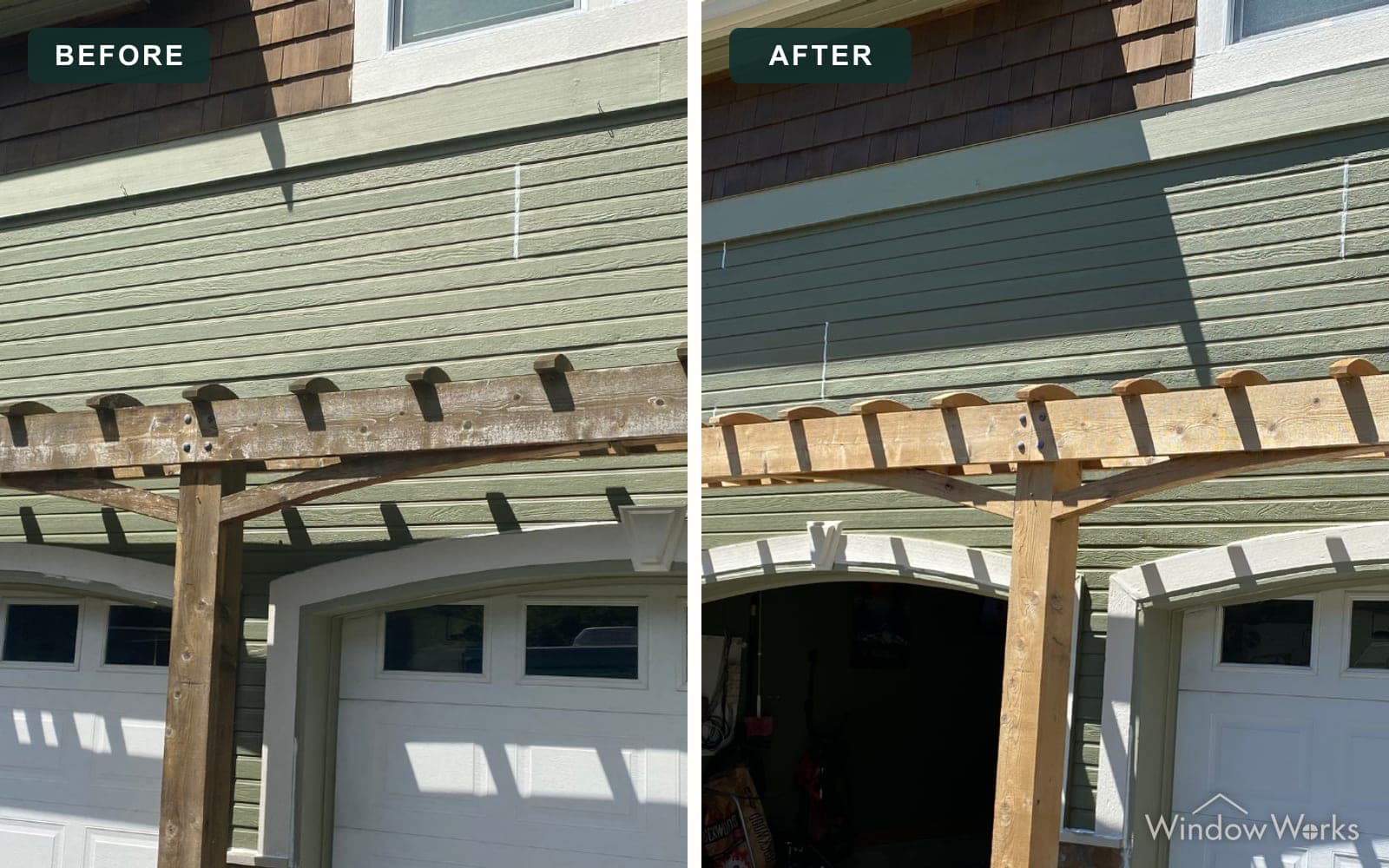 Before and after WindowWorks restoring a gray, weathered wood pergola back to warm, even wood ready for a new finish on the Eastside