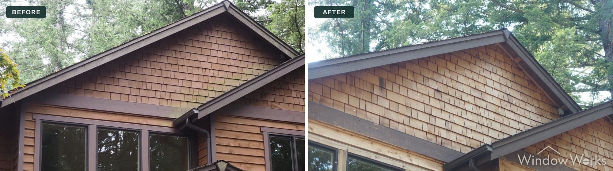 Before and after WindowWorks stripping the dark, algae-stained finish off a cedar shake gable on the Eastside