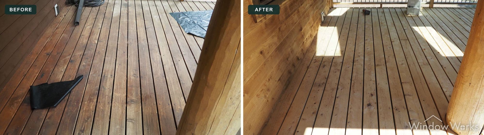 Before and after WindowWorks stripping a dark stain off a covered porch's cedar decking and wall on the Eastside