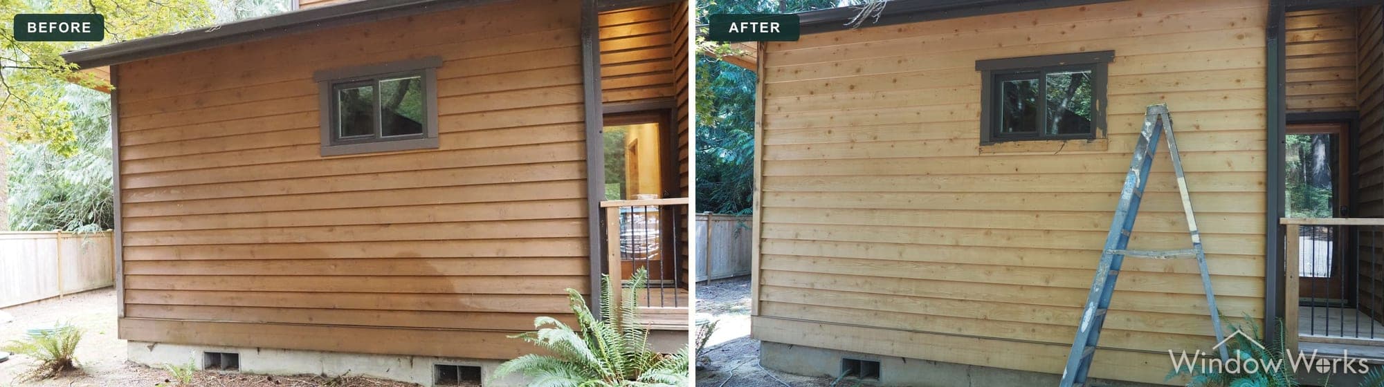 Before and after WindowWorks stripping the stain off a cedar lap siding wall, the boards back to bare wood ready for a new finish, Eastside Seattle.