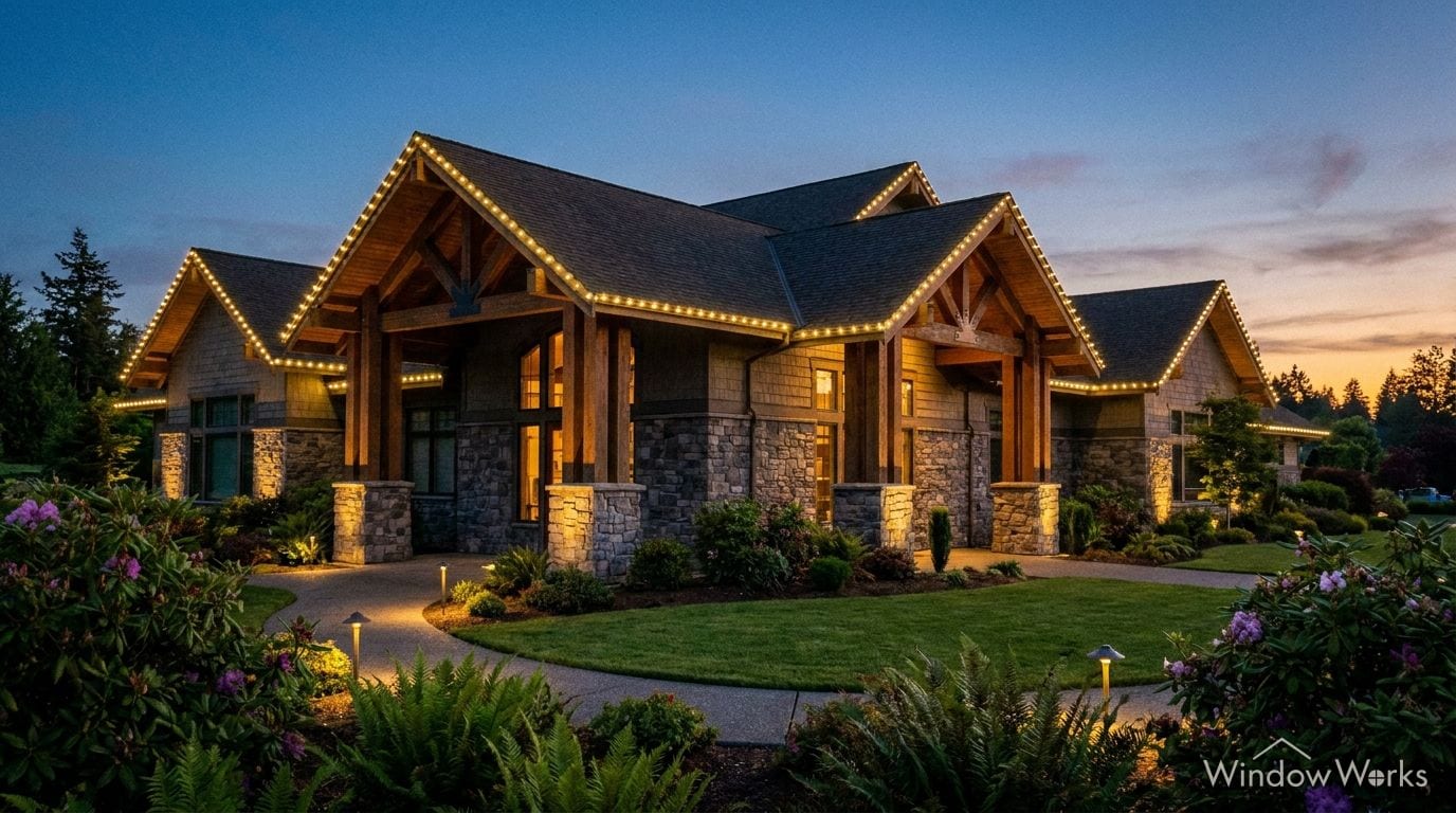 A community clubhouse at twilight with warm white lights along every gable and floods on the stone columns