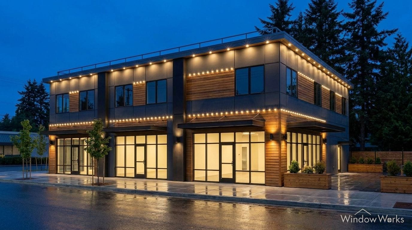 The building at night with bright points of light along the parapet and bands